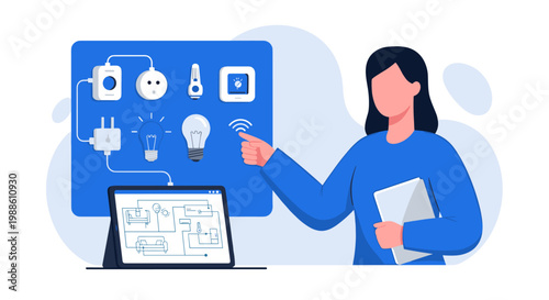 Woman in a blue top gestures toward a digital board displaying electrical icons and a tablet showing a house wiring diagram in a bright blue office.