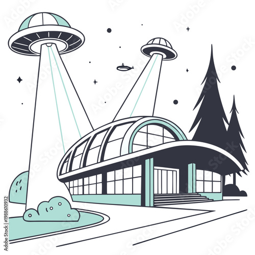 A retro styled illustration depicts two flying saucers beaming light onto a classic streamlined building and surrounding landscape high quality professional detailed
