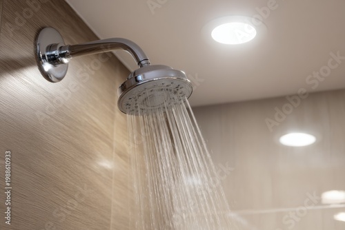 Close-Up Low Angle Indoor Shot of a Modern Chrome Showerhead Delivering Water in a Luxury Bathroom