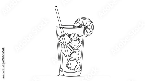 Summer Cocktail Line Art Glass – Lemon Garnish Drink with Straw Minimal Vector Illustration