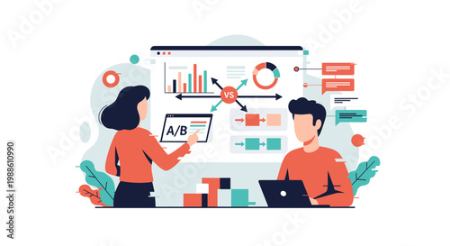 Two professional analysts examine complex A/B testing data charts on a large digital screen while collaborating in a bright modern office workspace setting.