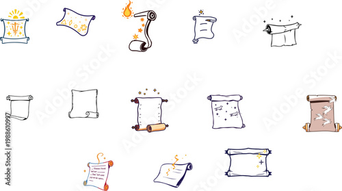 Vector Icon of a Magical Scroll Unfurling with Glowing Symbols, Outline Style, Minimal, White Background