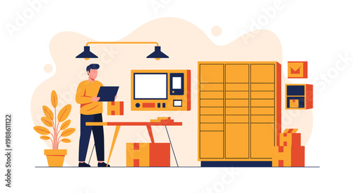 A warehouse employee holds a tablet while standing at a wooden table near a large locker system in a well-lit industrial facility with warm yellow tones.