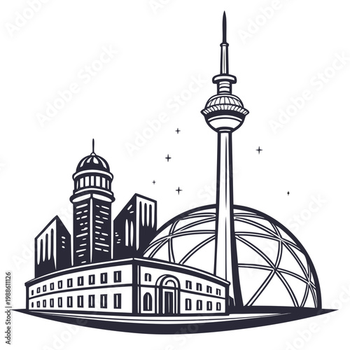 A vintage style illustration showcases berlin s iconic television tower alongside surrounding architectural landmarks and a geodesic dome high quality professional detailed