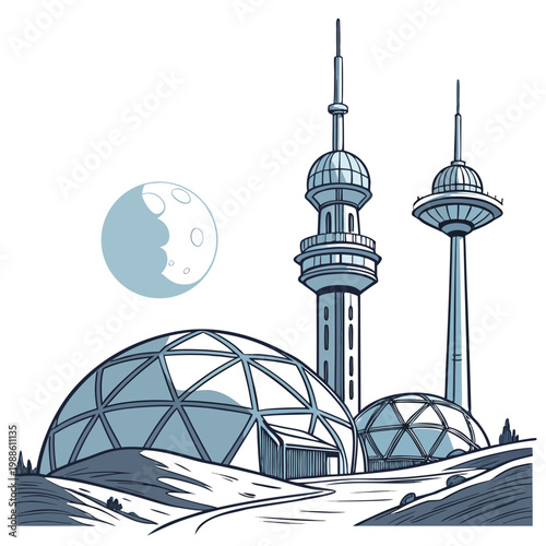 A stylized illustration depicts futuristic architecture featuring two towers and geodesic domes against a backdrop of a crescent moon high quality professional