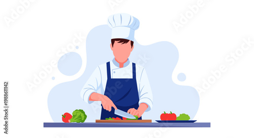 A professional chef wearing a white uniform and blue apron carefully chops fresh vegetables on a wooden cutting board in a pristine modern kitchen setting.