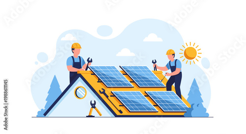 Two technicians in blue overalls and yellow helmets install solar panels on a residential roof using wrenches in a sunny outdoor environment with trees.