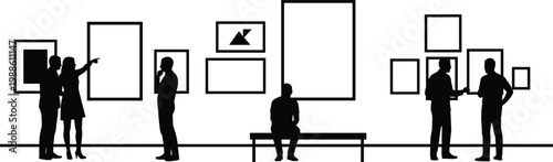 Black silhouettes of people visiting art gallery looking at framed pictures and talking in museum isolated on white background for cultural exhibition and creative interior designs.