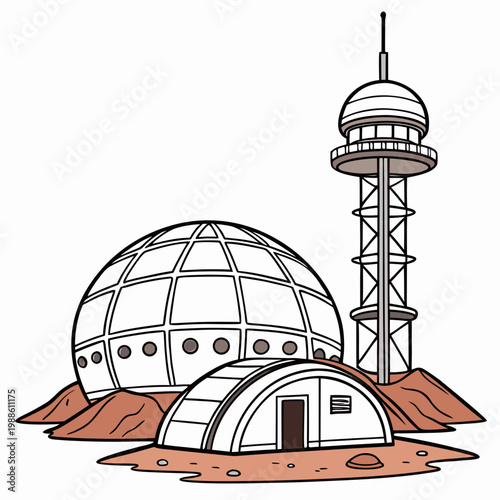 A futuristic mars base illustration depicts a dome structure a tower and a smaller habitat on reddish terrain high quality professional detailed