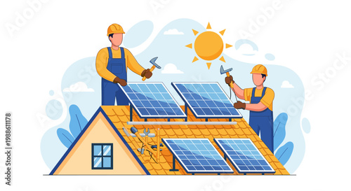 Two solar installers in blue uniforms and yellow hats mount photovoltaic panels on a tiled roof under a bright sun in a clear outdoor residential setting.