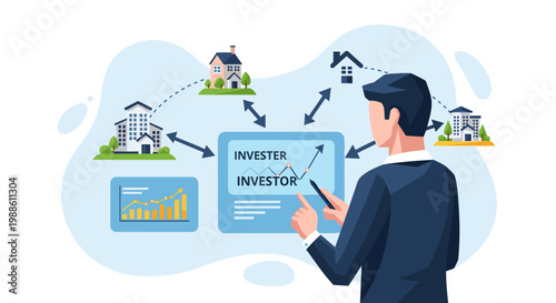 An ambitious real estate investor strategically manages a diverse portfolio of residential and commercial properties using an advanced digital interface.
