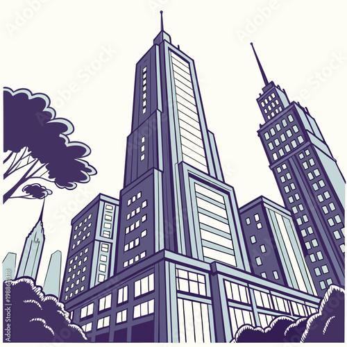 A stylized illustration depicts a cityscape dominated by towering skyscrapers rendered in a graphic pop art aesthetic with bold lines high quality