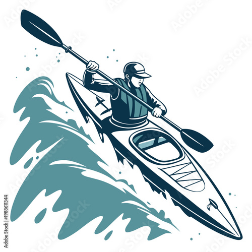 A vintage style illustration depicts a kayaker skillfully navigating choppy waters showcasing strength and the thrill of water sports high quality professional