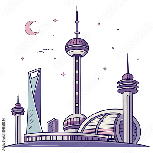 Photography A whimsical illustration depicts the iconic skyline of shanghai featuring the or