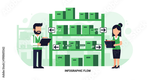 Two efficient warehouse staff members coordinate inventory flow across organized green shelving units within a clean and spacious industrial facility space.
