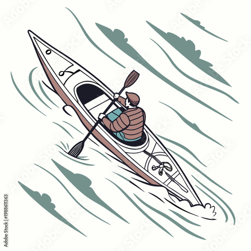 An overhead view depicts a lone kayaker paddling through stylized flowing water showcasing a peaceful outdoor recreational activity high quality professional detailed