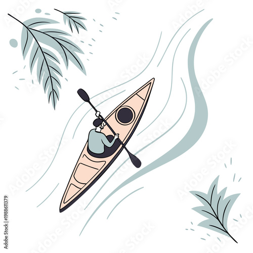 An overhead view depicts a lone kayaker paddling across calm waters surrounded by delicate foliage and gentle waves high quality professional detailed