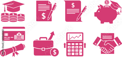 Set of educational finance and career development icons featuring money savings graduation and business growth symbols isolated on transparent background