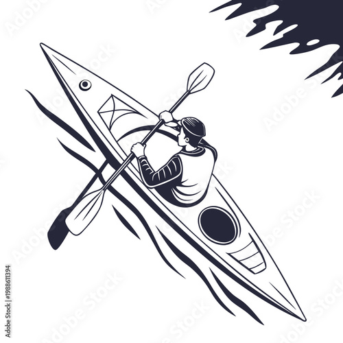 A stylized illustration depicts a kayaker in motion actively paddling a sleek kayak through dynamic swirling water currents high quality professional detailed