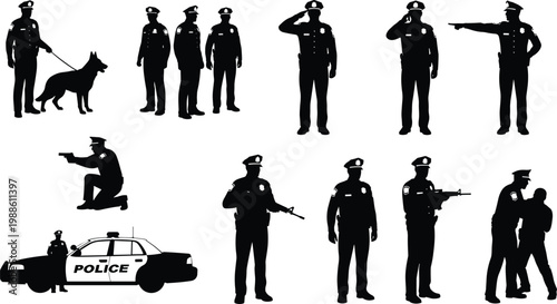 Police officer silhouette collection featuring law enforcement officers with K9 unit police car tactical gear and patrol officers isolated on white background.