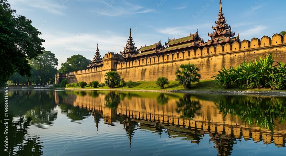 Fototapeta premium Ancient walled palace with ornate spires and moat reflections