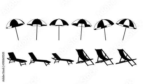 Beach Umbrella and Lounge Chair Icon Set with Various Summer Vacation Elements for Seaside Design, Tropical Holiday Graphics, Relaxation Concepts and Travel Illustration