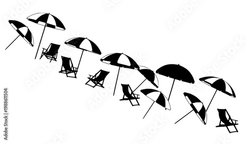 Beach Umbrella and Lounge Chair Silhouette Set for Summer Vacation Design, Seaside Relaxation Concepts, Tropical Holiday Illustration and Travel Leisure Graphics