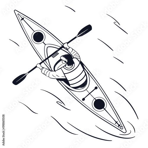 An overhead view depicts a kayaker paddling a sleek narrow boat through water highlighted by dynamic swirling lines high quality professional detailed