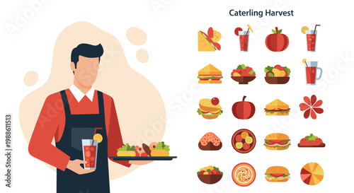 A professional waiter in a red shirt and black apron carries a tray with fresh food and a glass of juice near a menu of colorful catering harvest icons.