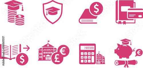 Set of educational finance icons illustrating student loans scholarships and university cost management concepts