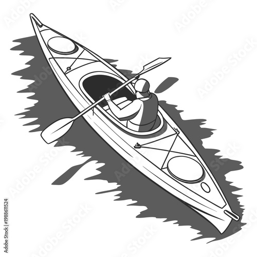 An overhead view depicts a sleek single person kayak with a paddler navigating calm waters showcasing a recreational activity high quality professional