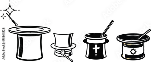 Vector Icon of a Magician’s Hat with Wand, Outline Style, Cylindrical Shape, Minimal, White Background