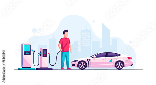 A man in a red shirt inserts a charging cable into a white electric car at a modern charging station with a stylized urban city skyline in the background.