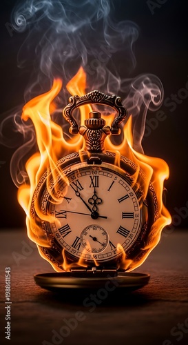 Antique pocket watch engulfed in vibrant flames, emitting smoke