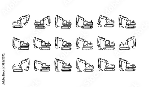 Excavator Icon Collection with Multiple Construction Machine Angles and Variations for Engineering Design, Building Industry Graphics, Heavy Equipment Symbols and Industrial Illustration