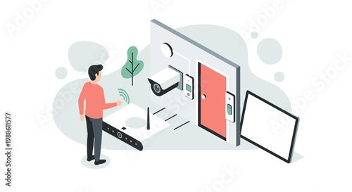 A man engages with a wireless home security router system while a sleek camera monitors the entrance in a modern, minimalist, and bright interior setting.