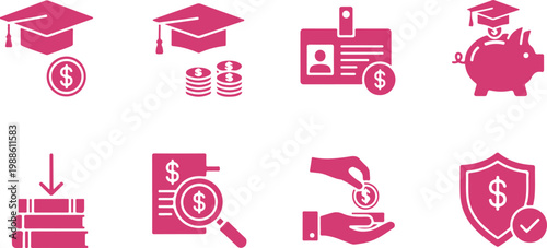 Set of educational financial icons depicting student loans scholarships savings and secure investments isolated on transparent background