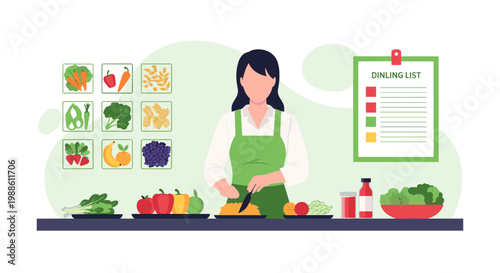 A meticulous chef prepares fresh organic vegetables on a clean kitchen counter while a dining list hangs on the wall in a bright, airy culinary workspace.