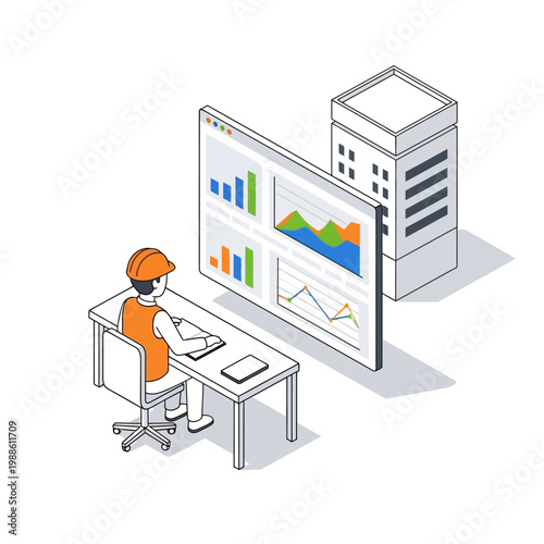 Fotografija Construction worker analyzing data on computer screen isometric illustration