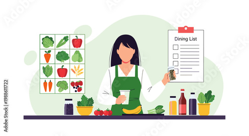 A focused nutritionist holds a glass of seeds and a cup while standing behind a counter filled with fresh produce in a clean, bright wellness environment.