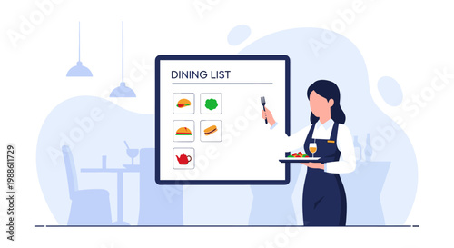 A professional waitress presents a gourmet meal on a tray beside a large digital menu board in a sophisticated dining establishment with soft blue tones.