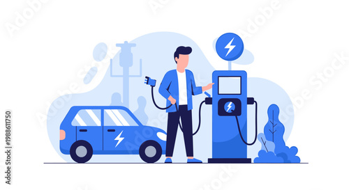 A man efficiently connects a charging cable to his blue electric vehicle at a modern charging station in a serene, eco-friendly outdoor urban environment.