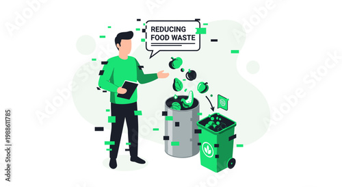 An environmental advocate demonstrates efficient food waste reduction methods using sorting bins in a clean, modern space with subtle digital glitch effects.
