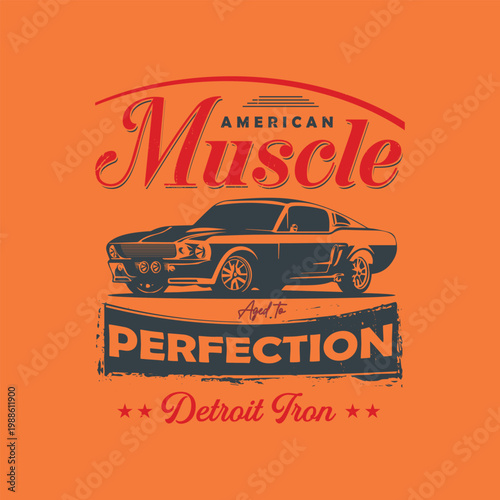 Retro Automotive Badge with Classic Muscle Car, American Heritage Illustration.