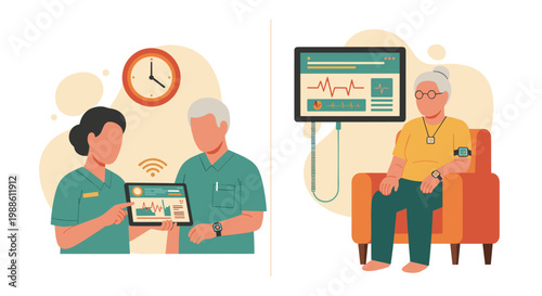 A dedicated medical professional reviews vital signs on a digital tablet for an elderly patient resting comfortably in a warm and bright clinical setting.