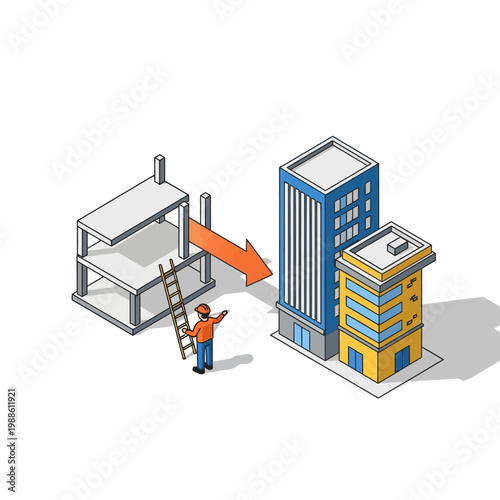 Construction worker points to new building from unfinished structure.
