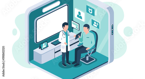 A male doctor in a white coat conducts a professional medical consultation with a seated patient inside a sleek, modern digital tablet interface design.