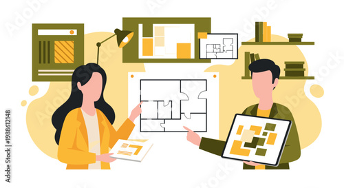 Two skilled interior designers analyze a detailed architectural floor plan mounted on a wall while discussing a vibrant color scheme on a digital tablet.