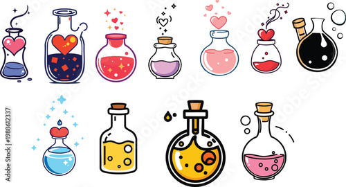 Vector Icon of a Magic Potion Forming a Heart in the Air, Outline Style, Minimal, White Background