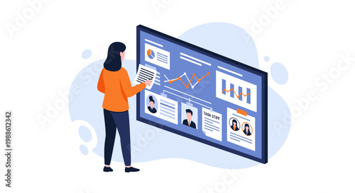 A dedicated female professional reviews complex team performance analytics and employee task management metrics on a large interactive digital wall display.